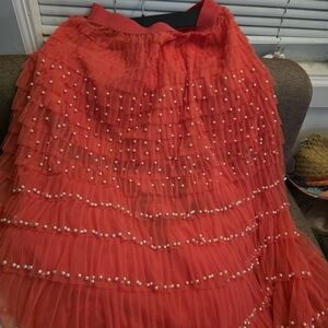 POL Vibrant Red Maxi Skirt with Pearl Details